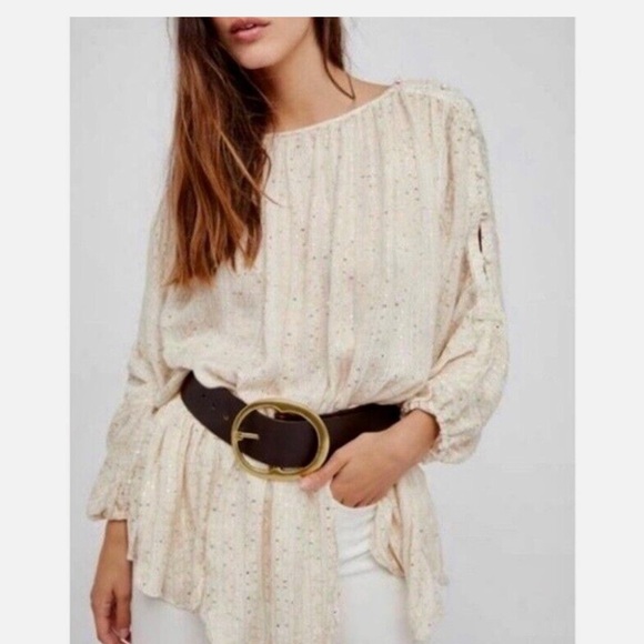 Free People Little Shine Ivory Sequined Tunic size Large - Picture 3 of 16